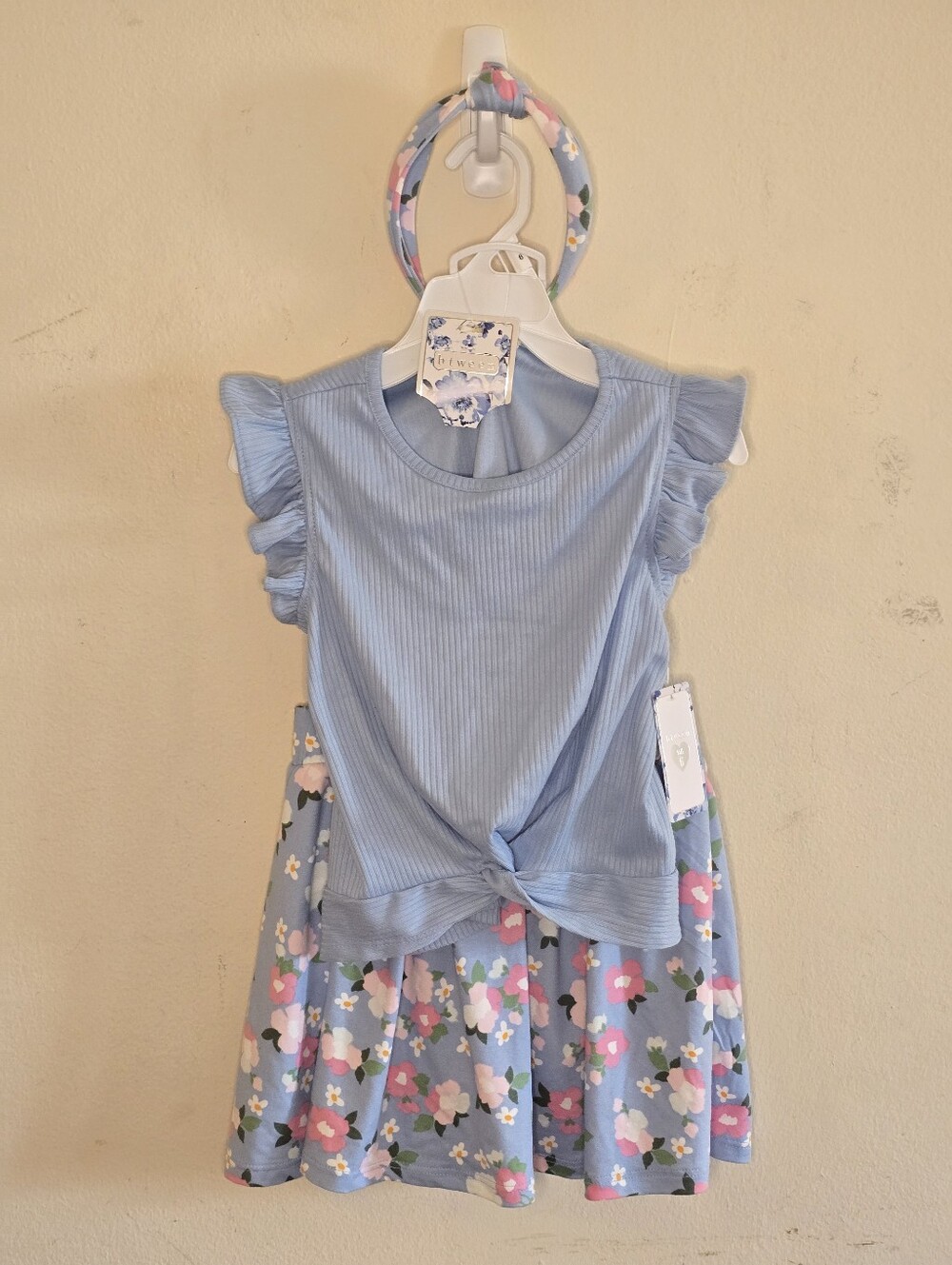 Btween Floral Skort Set Headband Blue Ribbed Girls Size 6 Spring NWT